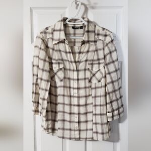 a.n.a. Ladies Cream Colored Button Down Blouse with Brown Square Stripes